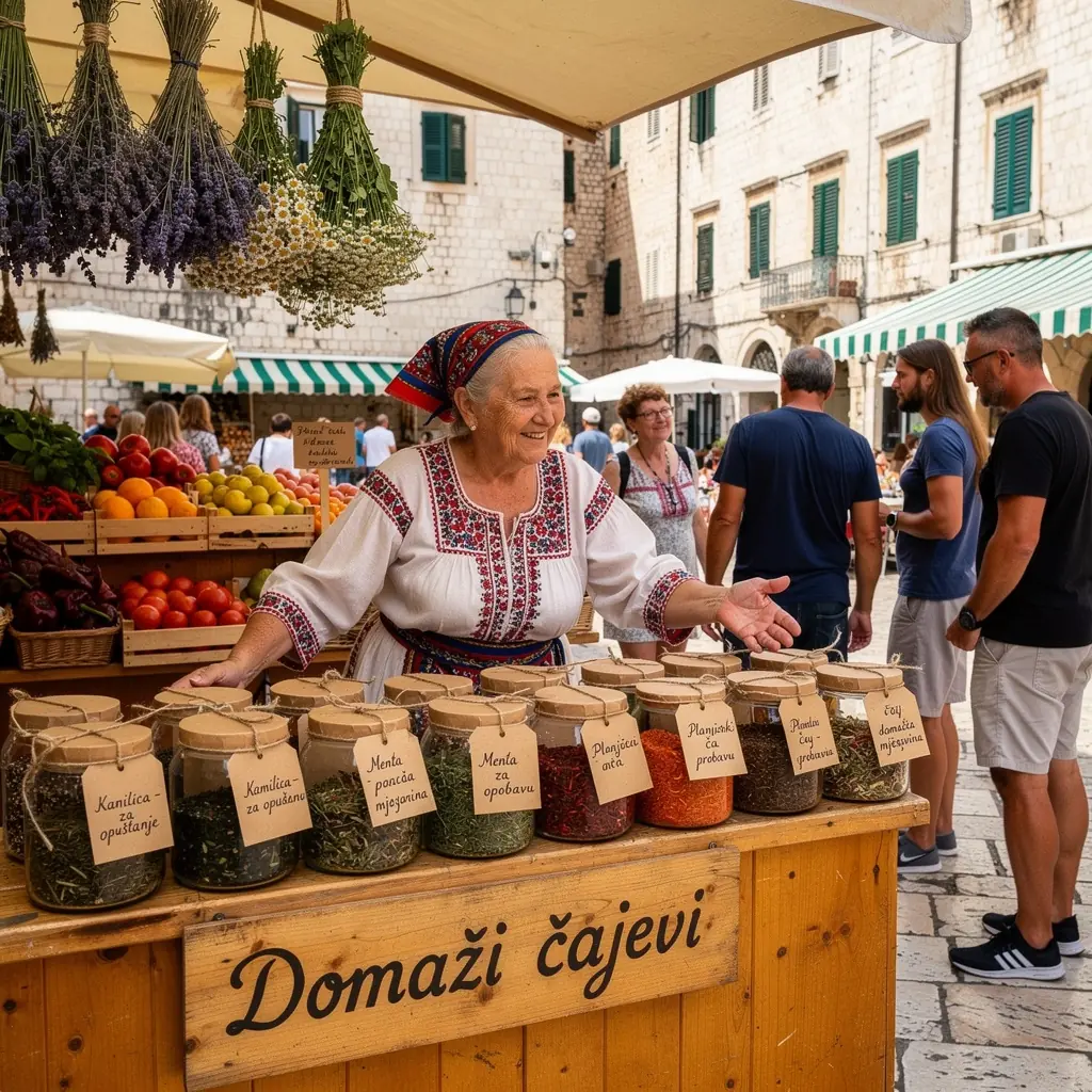 Čajni set postavljen na drvenom stolu uz prirodni ambijent.